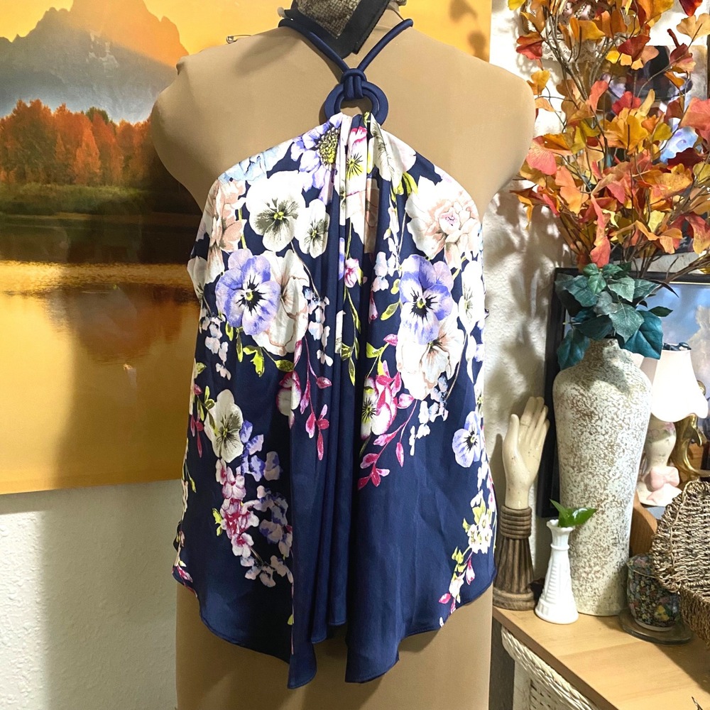 Coastal beach babydoll Halter Top Floral Women L Navy White House Market Black